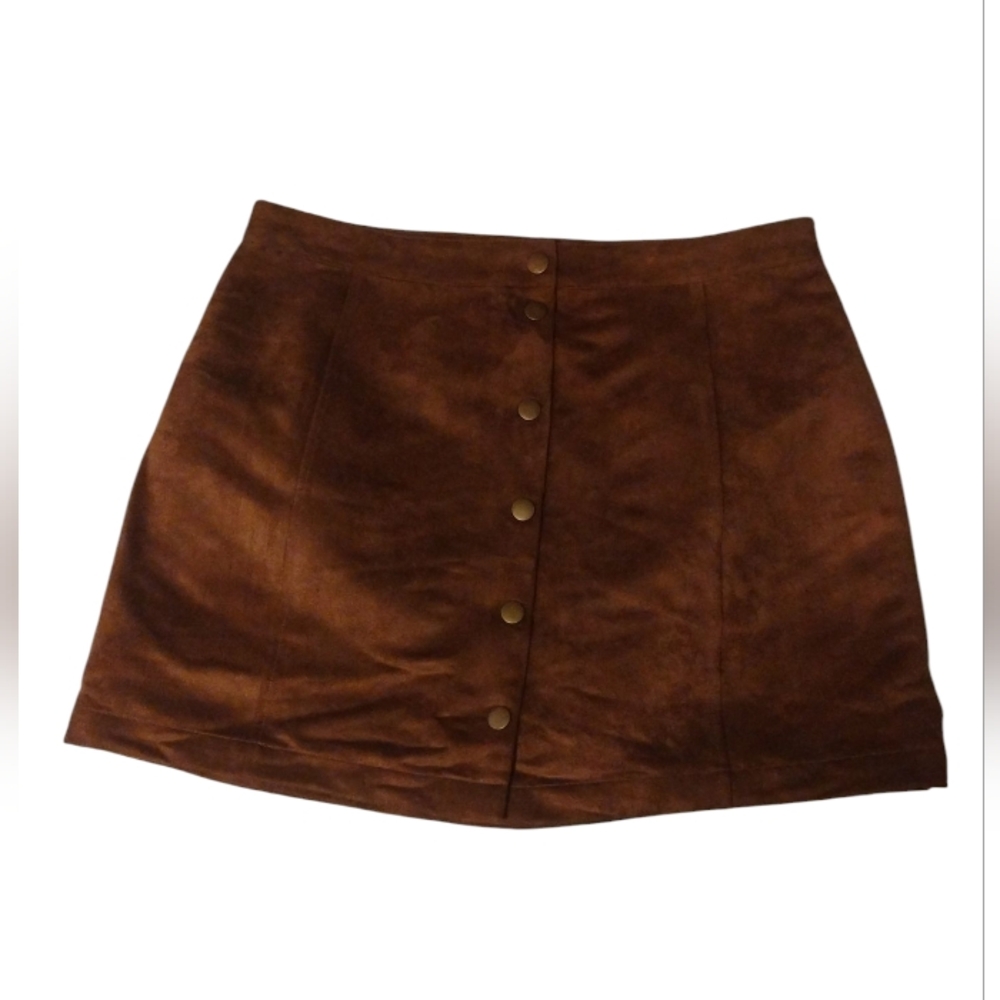 Old Navy Skirt Women’s Caramel Brown Faux Suede Button Front A Line Mini SZ 12